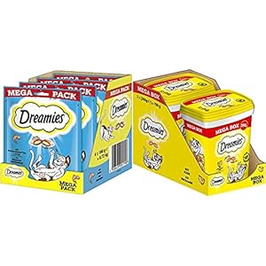 Dreamies Klassiker Katzensnacks mit Lachs – Katzenleckerli mit knuspriger Textur und cremiger Füllung – 4 x 180g & Mix Katzensnacks mit Käse-Geschmack – Außen knusprig & innen cremig – 2 x 350g