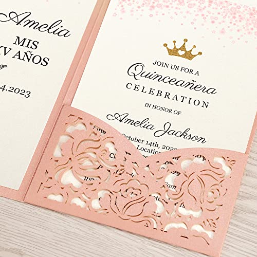 DORIS HOME 50pcs Laser Cut Quinceanera Invitations Pink, 4.7x7.1 Blank Quince Invitations for 15th Birthday, Invitation cards for Sweet 16 with Envelopes