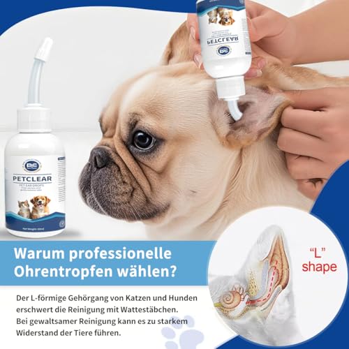 Ohrenreiniger hund Ohrenpflege für Hunde 60ml Ohrenreiniger stoppen Ohren Entzündungen und Juckreiz, Haustier Ohrreiniger für Hunde und Katzen, Hundeohrreinigungslösung, Schmutz, Geruchsentferner