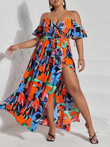 Image of Floerns Women's Plus Size Cold Shoulder Short Sleeve Split Thigh Long Dress