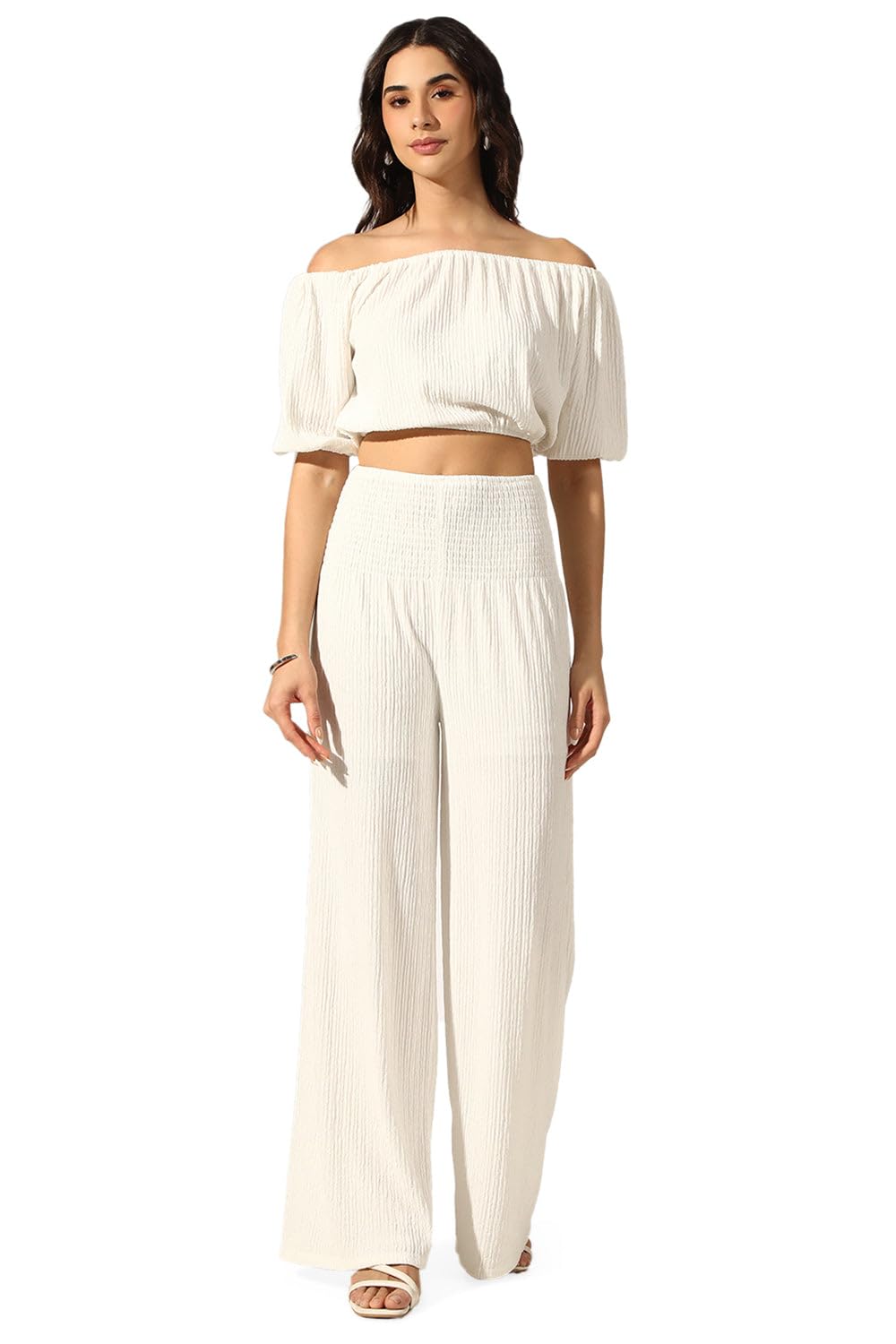 showoffff Edition Women's Textured White Off-Shoulder Top with Smocked Wide-Leg Pants Co-Ord Set-CHN-3605_White-P-picture-23