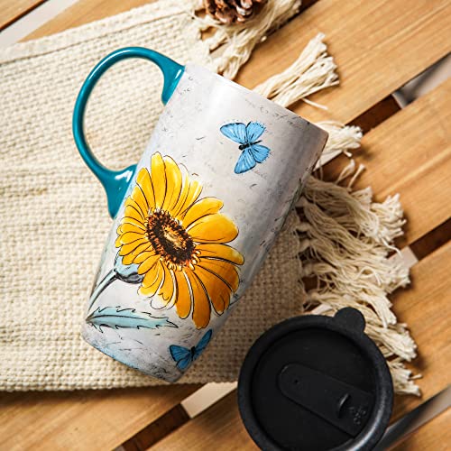 Topadorn Ceramic Travel Mug with Lid and Gift Box Latte Mug Coffee Cup, 17oz Large Capacity Mug Home Office Gift, Daisy - Image 3