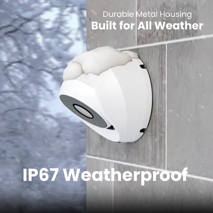 Lorex dome camera covered in snow, illustrating its IP67 weatherproof rating.