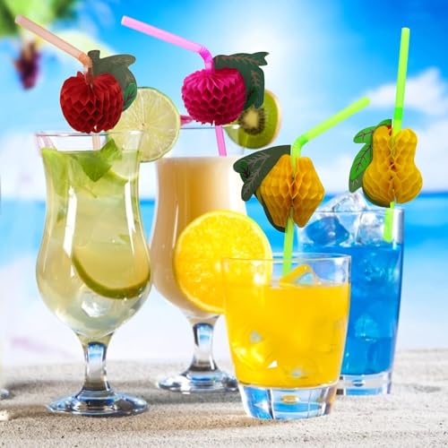 Image of Decorative Drinking Straws with Tropical Fruit and Umbrella Picks, Bendable Cocktail Straws for Party (Multicolor Fruit Theme Straw, Pack of 50pcs)