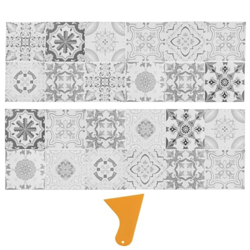 Lot de 24 autocollants pour carrelage de cuisine et salle de bain - 15 x 15 cm - Film adhésif à coller - Aspect carrelage de cuisine - Gris