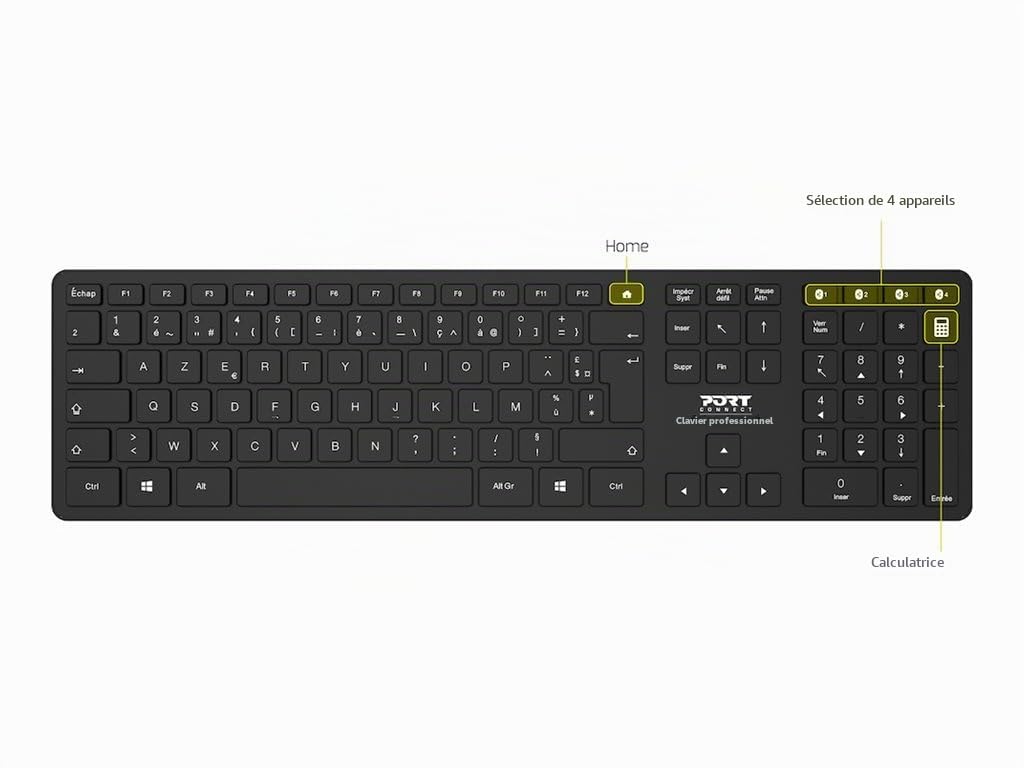 Port Connect Clavier pc de Bureau Bluetooth 5.0 azerty Executive Slim azerty Prise EU Noir