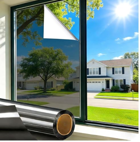 Image of WALLMATE One Way Window Privacy Film, Static Cling Removable Non-Adhesive UV Sun Heat Blocking Reflective Mirror Film, See Out Not in for Home and Office (Silver Black Film, 20x150 in)