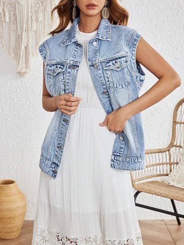 Floerns Women's Casual Flap Pocket Cap Sleeve Button Front Denim Vest Jacket3
