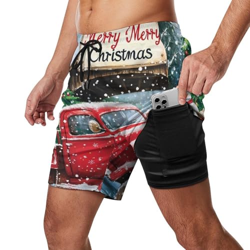 Christmas Red Truck Mens Swim Trunks with Quick-Drying Lining Beach Shorts for Outdoor Sports2