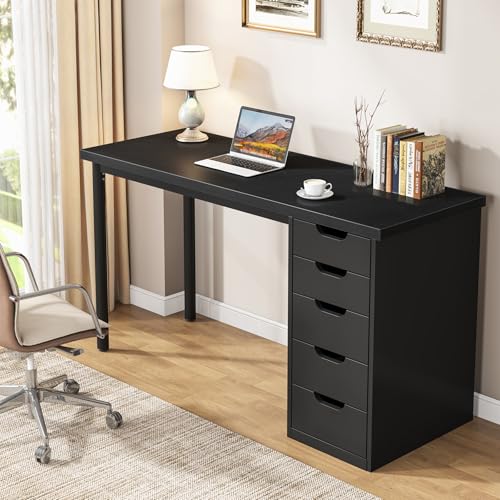 Image of Tribesigns Computer Desk with 5 Drawers, 47 inches Rustic Brown Home Office Desk with Storage, Modern Simple Laptop Desk Study Writing Table for Small Spaces (1, Black)
