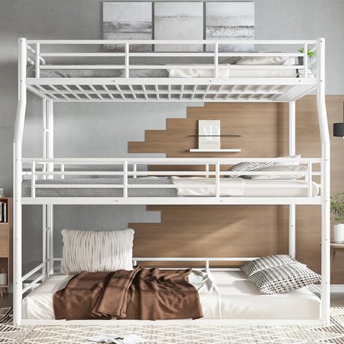 Image of Full Over Queen Over Queen Bunk Bed with Safety Guardrails, Modern Metal Triple Bed Frame for Kids, No Box Spring Required, White