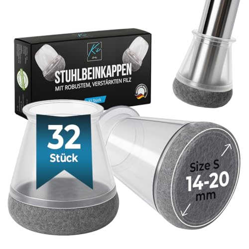Stuhlbeinkappen Rund, 32 Stück, Filzgleiter für Stühle, Ø14-20mm, Schutzkappen für Stuhlbeine, Stuhlbeinschoner, Bodenschoner für Stühle mit Filz, Gleiter für Stuehle, Gleiter Transparent