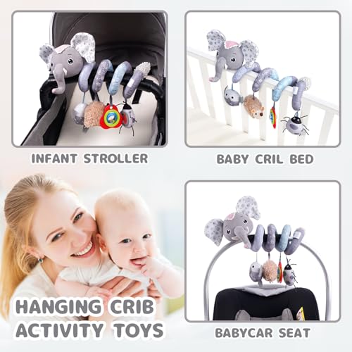 Image of Koty Car Seat Toys, Infant Baby Spiral Plush Activity Hanging Toy for Stroller Bar Pram Crib with Music Box BB Squeaker & Rattles(Grey Elephant)