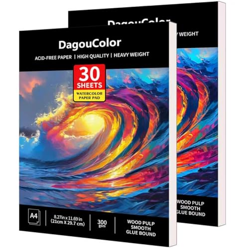 Dagoucolor Papel de aguarela, A4, 2 pacotes, 30 folhas papel sem ácido 300 gsm, papel de aguarela caderno, bloco de aguarela para crianças e adultos profissional pintura, desenho e esboços