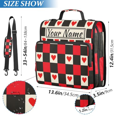 Image of Custom 3 Ring Zipper Binder Red Black Checkered Hearts Personalized Name 1.5 Inch Binders Large Capacity Multi Pockets for School Office Supplies