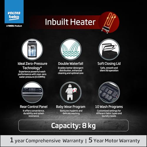 Image of Voltas Beko, A Tata Product 8 Kg 5 Star Fully-Automatic Top Loading Washing Machine with Anti-Bacterial wash (WTL8006UEAH1 / OBS3060, Dark Grey, In Built Heater)