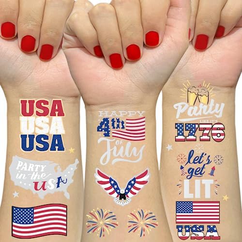 AOYOO Fourth of July Decorations Temporary Tattoos 30 Style America Giltter Tattoos, Red White and Blue Patriotic Party Supplies, 4th of July Accessories, USA Flag, Memorial Day, Independence Day, Labor Day