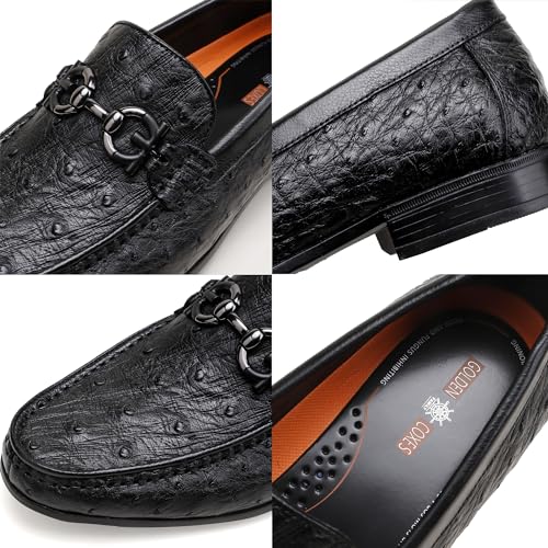 Black Casual Men's Genuine Leather Penny Loafers, Premium Ostrich Patterned Buckle Dress Loafer Shoes Slip on Wedding Party Loafer for Mens3