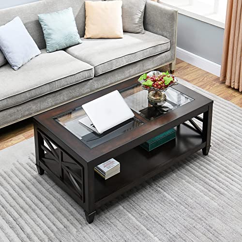 Solid Wood Coffee Table With Tempered Glass Top, Farmhouse Living Room Center Table With 2-Tire Storage Shelf, Traditional Cocktail Table, 45.5” X 26” X 19” Easy Assembly, Vintage Walnut Kfz1318Dc #TOP1