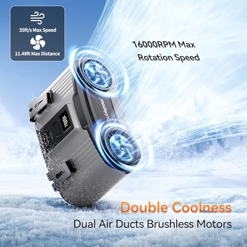 Image of Doublepow 24000mAh Portable Waist Fan, Personal Fan, Dual Air Ducts Motors, Rechargeable Clip On Belt for Working, 10 Speeds 45H Wearable Neck Cooling, for Outdoor Work, Travel, Power Outage (Gray)