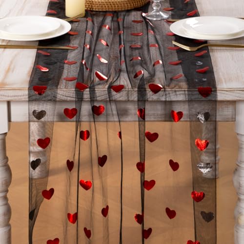 Image of Valentine Heart Table Runner Black Sheer Gauze Foil Table Runner 120 Inch