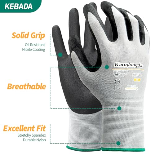 Image of Kebada Work Gloves for Men and Women, Sandy Nitrile Coated, 60 Pairs | Bulk Pack, Touchscreen Safety Work Gloves, Breathable Knit, Secure Grip, Ideal for Gardening, Warehouse and Mechanic Work
