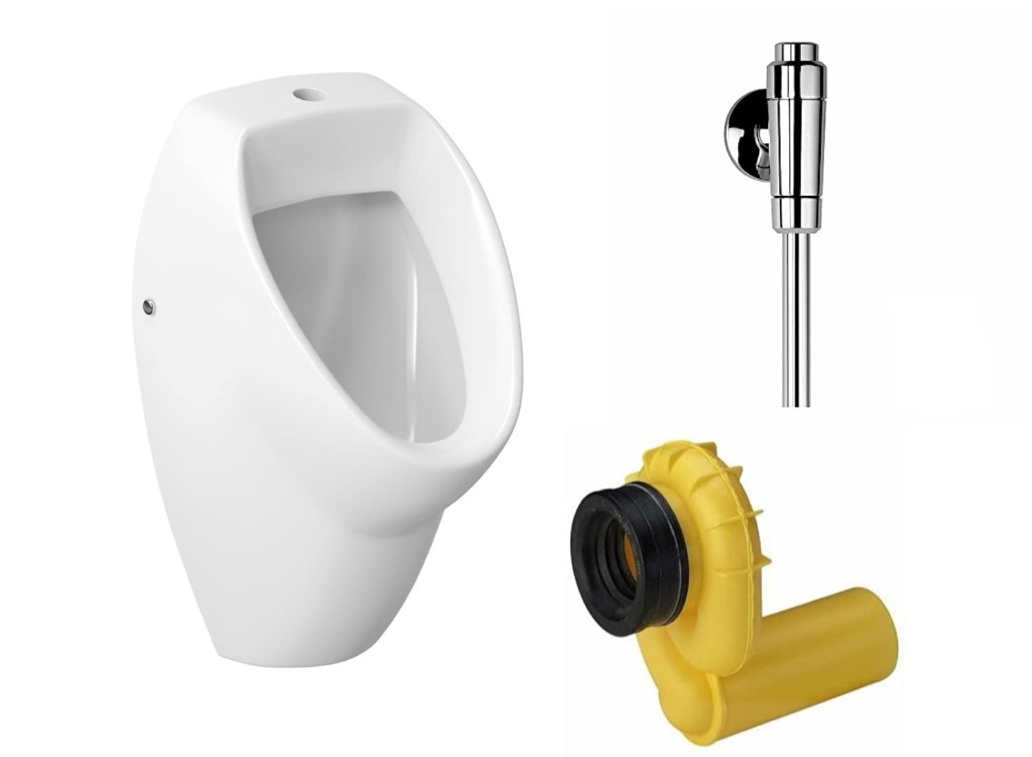 VBChome Juego de urinario + válvula de desagüe de la parte superior, color blanco, moderno, de cerámica, para orinal, para urinario, enjuague a presión + Schellomat + sifón Viega