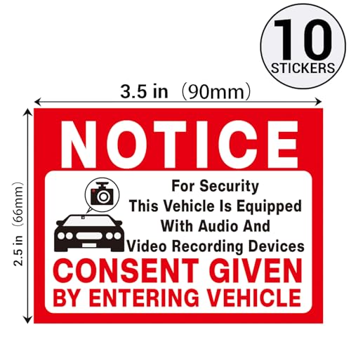 Image of BELATASO10-Pack In Car Camera Recording Sign Stickers, Notice Vehicle is Equipped with Audio and Video Recording Devices Consent by Entering Car Sticker, 3.5 inchx2.5 inchSelf Adhesive Vinyl Decal.