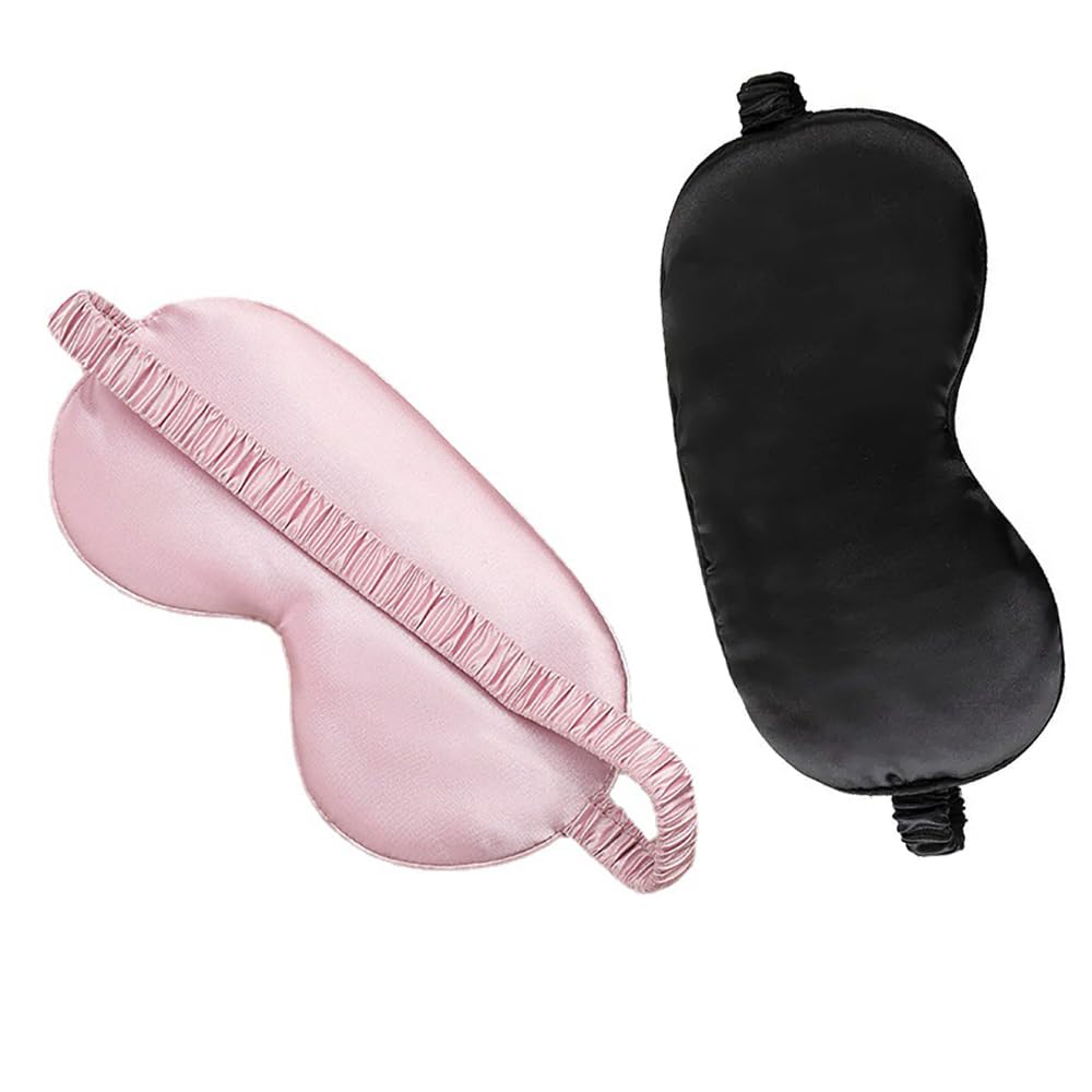 2 Pack Mulberry Silk Sleep Eye Mask & Blindfold with Elastic Strap/Headband, Soft Eye Cover Eyeshade for Night Sleeping, Travel, Nap (Black & Pink)