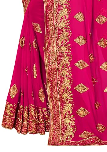 Image of B BELLA CREATION Women's Maroon Georgette Saree with Heavy Golden Embroidery Work & Unstitched Blouse Piece