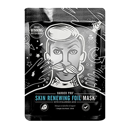 BARBER PRO SKIN RENEWING FOIL Face Mask Mens Skincare Self Warming Sheet Hydrating Anti-Aging Restorative Collagen Hyauronic Acid & Q10 Reduces Fine Lines & Wrinkles Multi Award Winning Brand