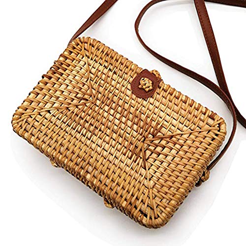 XMeng Rattan Bags for Women, Straw Round Bali Ata Handbags Woven Circle Crossbody Wicker Purse Adjustable Strap Boho Bag (Square) - Image 2