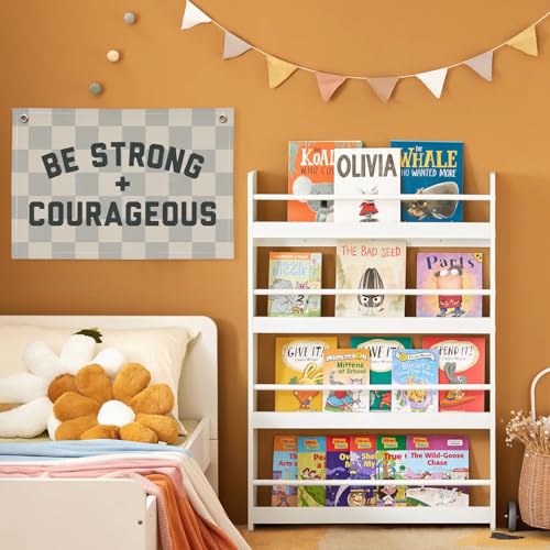 Image of Motivational Quotes Boys Room Decor，Be Strong Courageous Bibie Joshua 1:9 Playroom Decor Linen Canvas Banner,Vintage Checkered Wall Hanging Flag Decor for Kids Toddler Room 30x20 bestrong