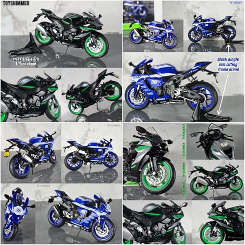 Image of Combo of 2 Diecast Motorcycles, Kawasaki ZX10 and Yamaha R1M, 1:12 Scale, Light and Sound, with Black Single-arm Lifting Frame Stand Parking Stand for Both Bike, for Ages 8-14 and Adults