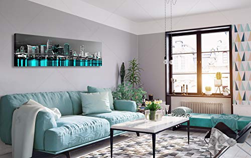 Miami Canvas Wall Art Black And White Florida Skyline Panoramic Wall Decor Teal Turquoise City Night Posters Cityscape And Bridge Paintings Modern Artwork Home Decorations Stretch Framed #TOP1