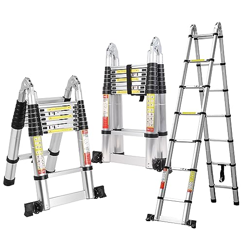BOWEITI 14.5FT A Frame Telescoping Ladder, Aluminum Telescopic Ladder w/Balance Bar & Movable Wheel, 330lbs Capacity Compact Ladder, RV Extension Ladder for Household, Outdoor