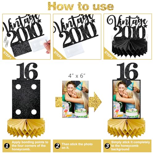 Image of Eucutur 8Pcs Sweet 16 Party Decorations Honeycomb Centerpieces for Boys Girls, Black Gold Vintage 2010 16th Bday Photo Table Centerpieces Party Supplies, Glitter Sweet Sixteen Bday Table Topper