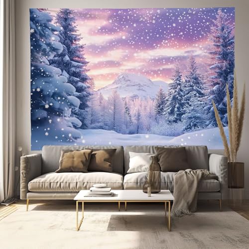 Tapisserie murale hiver panoramique - Tissu violet grand format arbres enneigés
