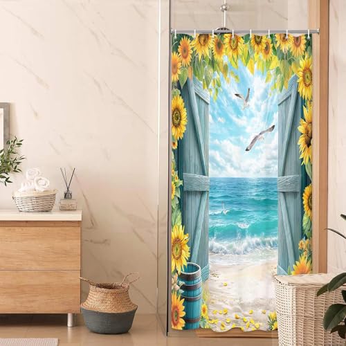 Image of Blue Beach Barn Door Shower Curtain, Ocean Coastal Seaside Shower Curtains, Rustic Sunflower Farmhouse Wood Plank Western Retro Nature Plant Waterproof Fabric Bathroom Curtain Sets with Hooks