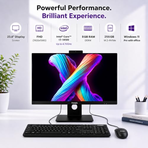 Image of Futopia 23.8 inch FHD IPS All-in-One Desktop | Intel Core i3-14100 (Up to 4.7 GHz) | 8GB RAM | 256GB NVMe SSD | Pop-up FHD Webcam | Wi-Fi 6 | Windows 11 Pro with Office | Wired Keyboard & Mouse Included