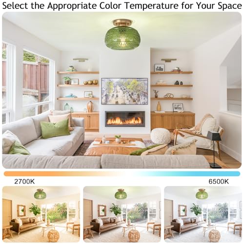 Semi Flush Mount Ceiling Light, Upgraded Modern Close to Ceiling Light Fixture with Green Glass,Gold Indoor Kitchen Lighting for Porch Corridor Hallway Bedroom, Bulb Not Included
