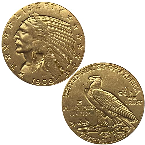 Gold Dollar Coins Replica, Rare Gold Coins, Five Dollar Gold Coin 1908 Indian Eagle from Copper, Collectible Coins for Collectors
