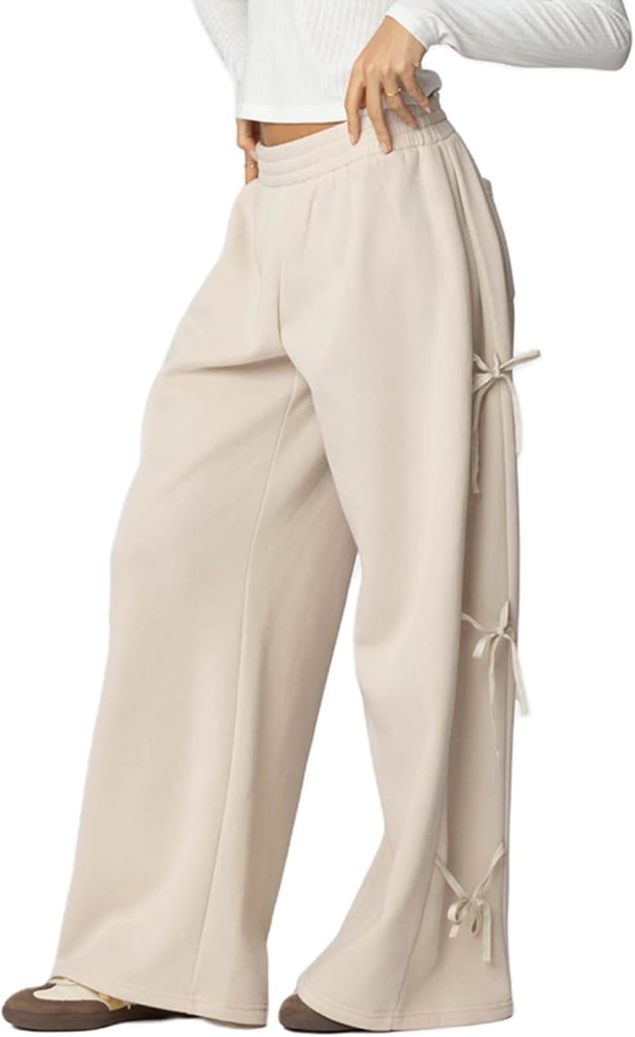 HOXIJIA Women Bow Tie Side Wide Leg Pants Casual Elastic Low Waist Straight Leg Baggy Sweatpants Fall Outgoing Trousers