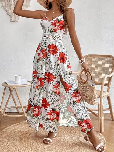 Image of Women's Hawaiian Maxi Dresses Summer Sun Floral Sleeveless Beach Vacation | V-Neck, Spaghetti Straps, Flowy, Boho, Resort
