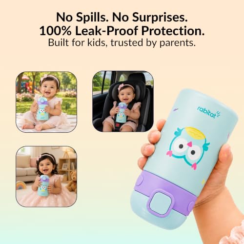 Image of rabitat Milo Personalized Stainless Steel Water Bottle 350ml | 2 Year Brand Warranty | BPA Free | Leakproof Steel Sipper Bottle for Kids | Flip Lock Lid with Straw | Easy Carry Handle Sky Hoot