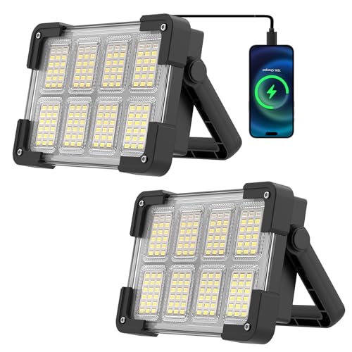OHAYORI Faro LED Ricaricabile, Faretto LED Portatile USB, 4 Modalità Luce da Lavoro, Power Bank, Lampada da Lavoro Solare da Esterno Impermeabile per Campeggio, Manutenzione, Pesca, Emergenza(2 pack)