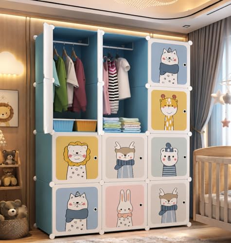 Image of EXVITO Kids Plastic Wardrobe - 12 Door Foldable Almirah for Clothes with Hanging Rod, Collapsible Wardrobe Cartoon Print Cupboard for Baby & Kids Room - KTF1