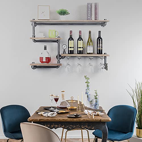 Industrial 4-Tier Wall Mounted Wine Rack with 4 Stem Glass Holder,Mental Wine Bottle Holder Display Rack,Multi-Functional Floating Wine Bar Shelves Home Storage Shelf for Home Bar