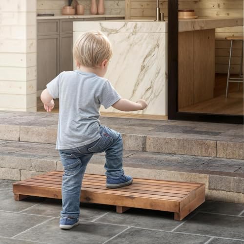 Image of Carpentray One Step Stool for Elderly (35 inch Length) - Acacia Wood High Riser Step Stool with Non-Slip Pads - 550 Lbs Wooden Mobility Stepping Stools for Handicap, Bed, Bathroom, Kitchen (Brown)