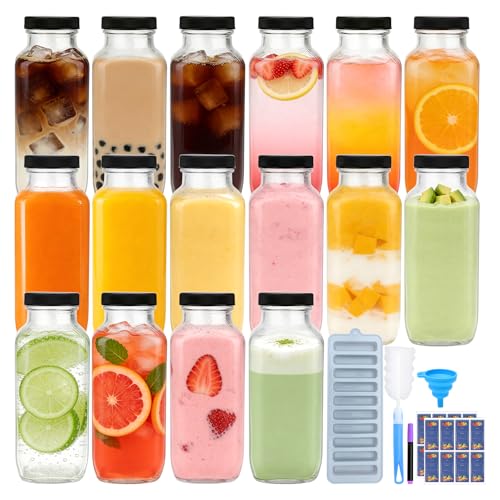 Encheng 16 Pack 16 oz Glass Juice Bottles with Lids, Reusable Juice Containers with Cleaning Brush, Square Glass Water Bottles Drinking Jars for Juicing, Smoothies, Beverages, Milk, Kombucha